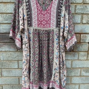 Sundance Sz XL Floral Boho Patchwork Knee Length Dress Soft V Neck Front